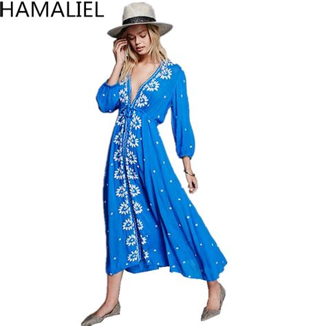 Bohemian Style Autumn Dress 2018 Designer Women Blue Floral Embroidery Long Sleeve Sexy Deep V