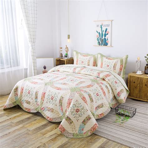 Quality Handmade Patchwork Quilt Set 3pcs Embroidered Bedspread Quilted