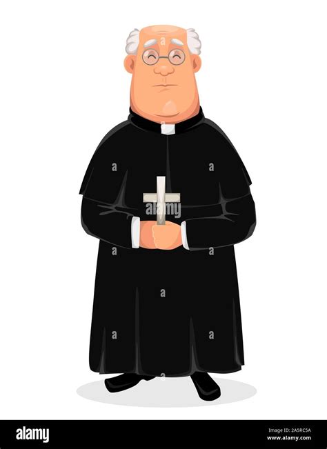 Priest Cartoon Character Holy Father Standing With Cross In Hands