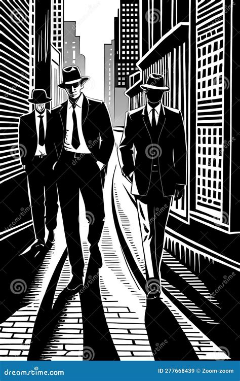 Gang Silhouettes Of Gangsters Walking In The Street Stock