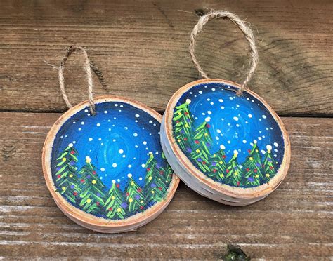 Hand Painted Christmas Tree Wood Slice Ornament Night Sky Etsy