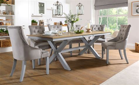 Grange Painted Grey And Oak Extending Dining Table With 8 Duke Grey