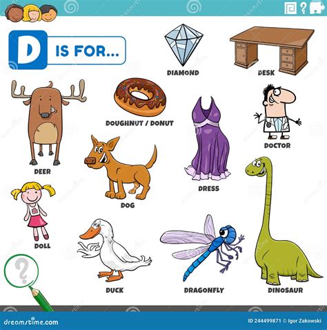 Letter D Words Educational Set With Cartoon Characters Stock Vector