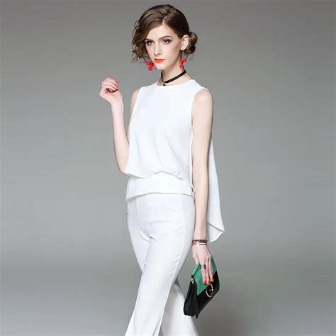 Summer Runway Fashion Elegant Casual White Chiffon Pant Suits Piece Set Women Sleeveless