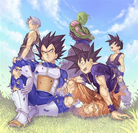 z fighters namek goku dbz gohan grass piccolo son gohan clouds trunks hd wallpaper