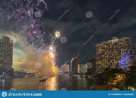 Celebration Of New Year Day With Colorful Fireworks On Chao Phraya