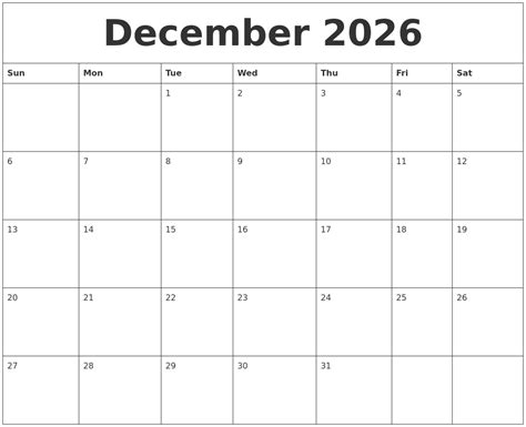 December 2026 Free Printable Monthly Calendar