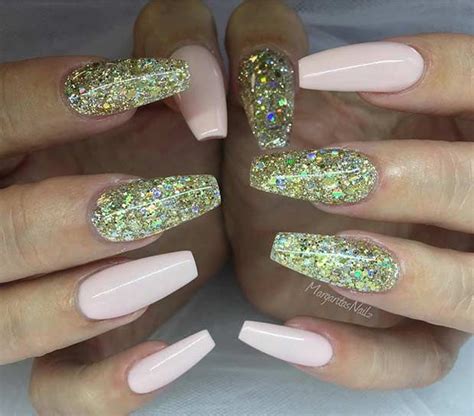 Light Pink And Gold Glitter Coffin Nails New French Manicure French