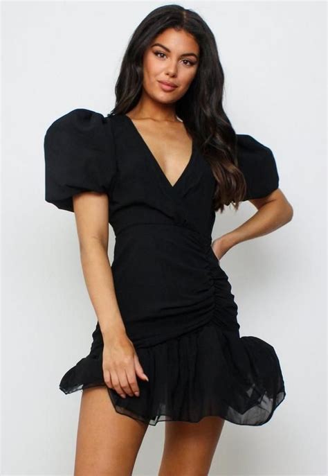 Black Ruched Puff Sleeve Mini Dress Mini Dress Fashion Short Sleeve