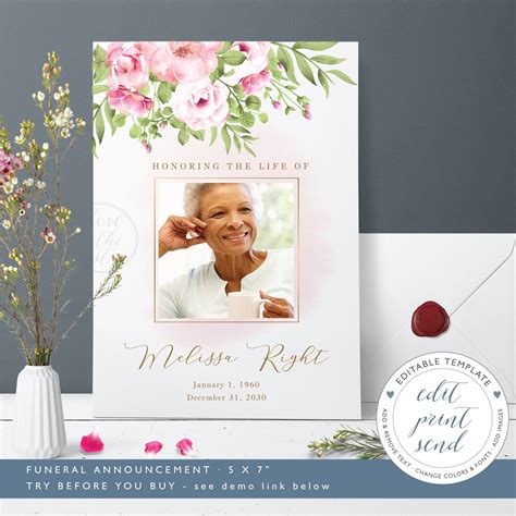 Pink Roses Funeral Announcement Template Memorial Service Etsy