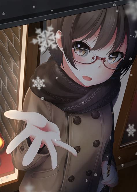Wallpaper Snowflake Scarf Anime Girl Brown Hair Meganekko Wallpx