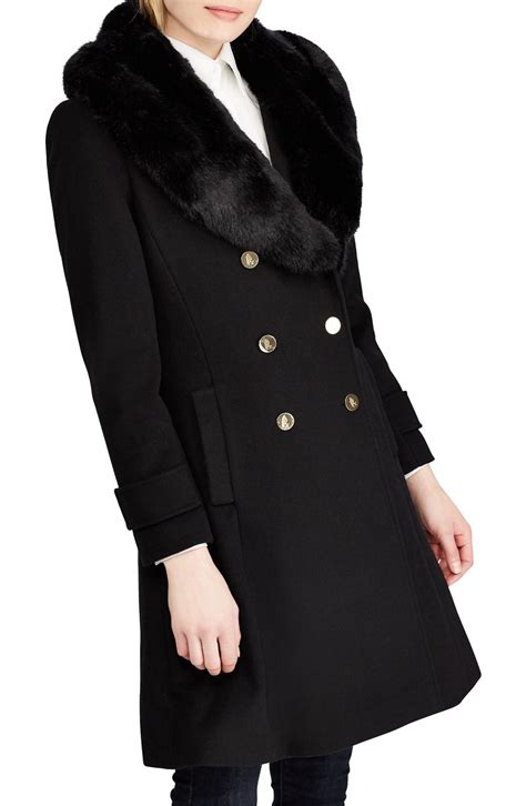 Lyst Lauren By Ralph Lauren Wool Blend Coat With Faux Fur Trim In