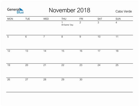 Printable November 2018 Monthly Calendar With Holidays For Cabo Verde