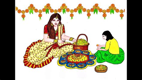 Onam festival of kerala line drawing. Onam festival drawing using poster colours | Girls making ...