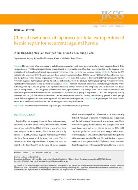 Pdf Clinical Usefulness Of Laparoscopic Total Extraperitoneal Hernia