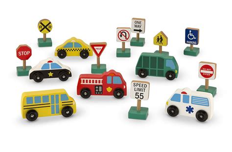 Melissa And Doug Wooden Vehicles And Traffic Signs With 6 Cars And 9 Signs