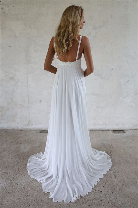 Elegant A Line V Neck Open Back White Lace Beach Wedding Dresses Simple