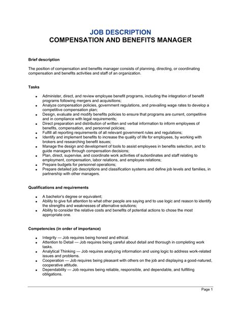 Compensation And Benefits Manager Job Description Template By