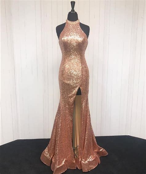 Sequins Halter Gold Prom Dresses Slit Evening Dresses Hoprom