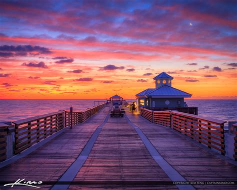 Juno Beach Pier Sunrise With Crescent Moon Hdr Photography By Captain