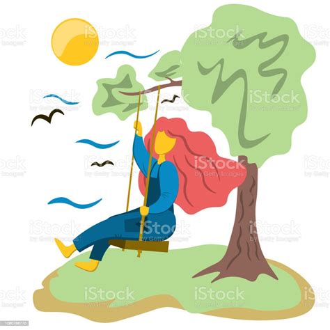 Girl Swinging On A Swing By The Tree Illustration In Flat Style Stock