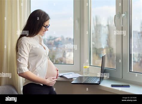Video Chat Call Pregnant Happy Woman Showing Big Belly In Laptop