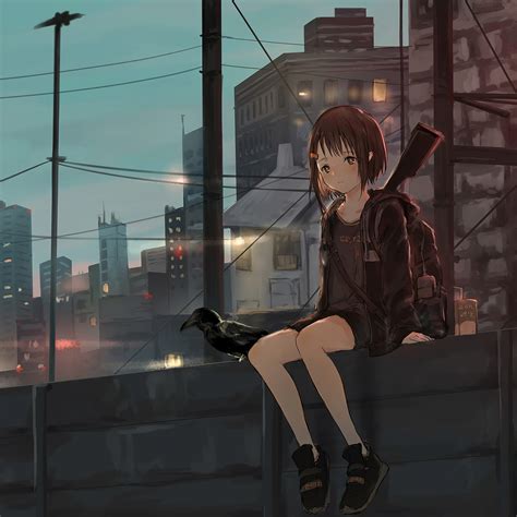 2048x2048 Anime Girl Sitting Alone Roof Sad 4k Ipad Air Hd 4k