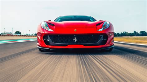 Desktop Wallpaper Ferrari 812 Superfast Red Car Motion Blur Front