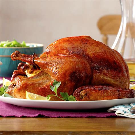 In this thanksgiving recipe, the turkey is first brined and then marinated in citrus, garlic and annatto paste, which give the bird a beautiful orange sheen. Marinated Thanksgiving Turkey Recipe | Taste of Home