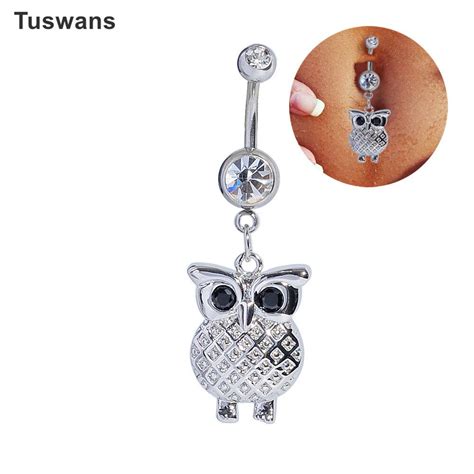 Fashion Cute Silver Owl Surgical Steel Navel Piercing With Cz Animal