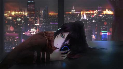 Anime Girl Listening To Music At Night Live Wallpaper Moewalls