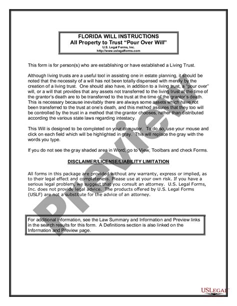 Florida Legal Last Will And Testament Form With All Property To Trust