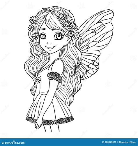 Beautiful Princess Fairy Tinkerbell With Buttlerfly Coloring Page Stock Vector Illustration Of