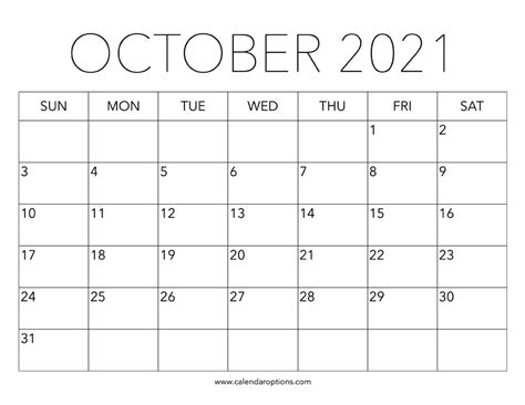 Printable October 2021 Calendar Calendar Options