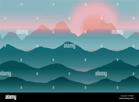 Landscape With Hills And Mountains And Sunset Simple Vector