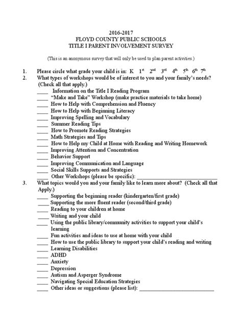 Parent Involvement Survey Pdf Reading Process Literacy