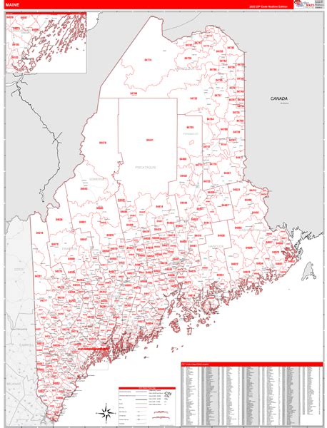 Maine Zip Code Wall Map Red Line Style By Marketmaps Mapsales