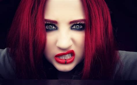 Hd Wallpaper Women Redhead Green Eyes Red Lipstick Teeth Piercing Lip Ring Niky Von Macabre