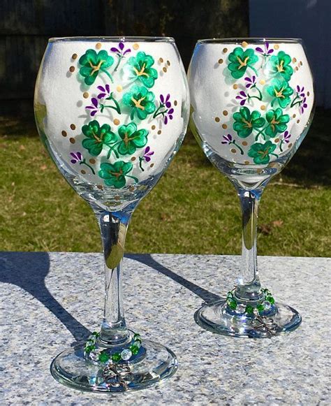 Wine Glasses With Painted Shamrocks And Wine Glass Charms Set With Images Hand Painted