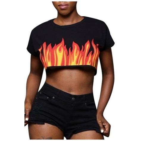 Fashion Fire Pattern Round Neck Short Sleeve Cropped Sports T Shirt €18 Liked On Polyvore