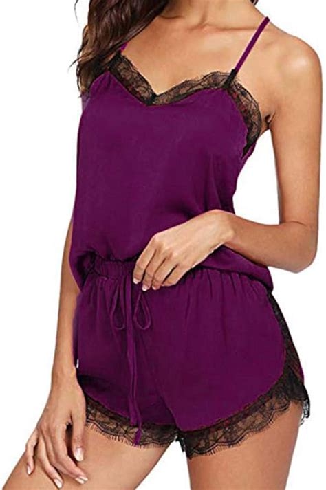 Shory Conjunto De Pijama Sexy De Satén Con Encaje Para Mujer Púrpura Xl Mx