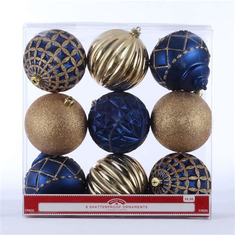 Holiday Time Shatterproof Ornaments Navy Blue And Gold 9 Count