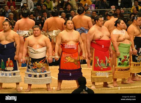 Sumo Wrestlers In Traditional Colourful Ceremonial Costumes Attend