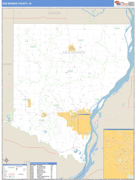 Des Moines County Iowa Zip Code Wall Map