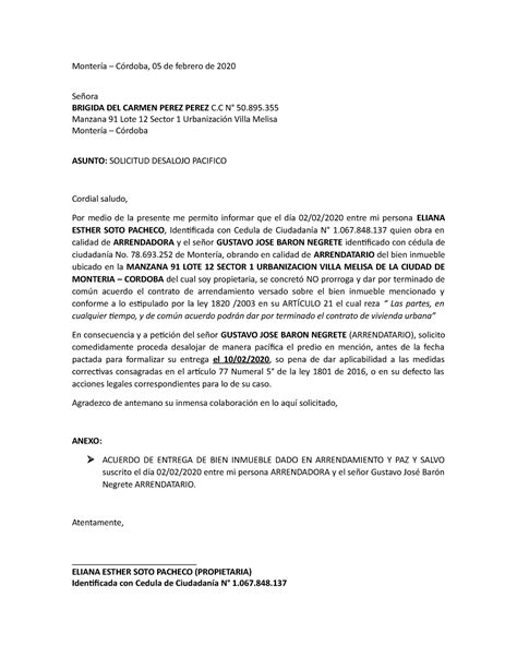 Carta Solicitud Desalojo Montería Córdoba 05 De Febrero De 2020