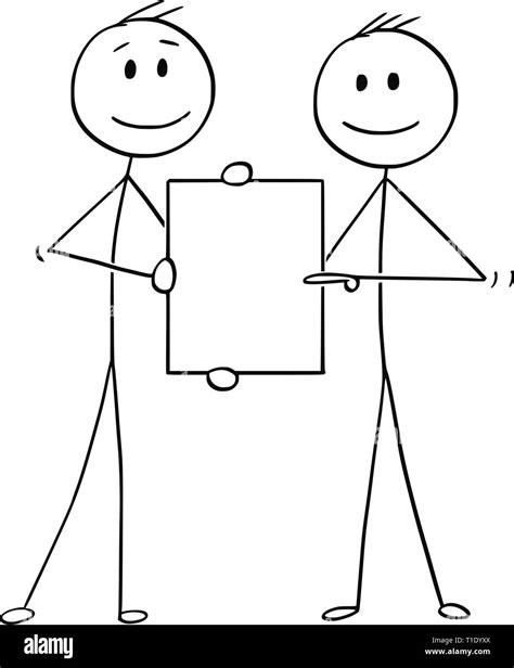 cartoon stick figure drawing conceptual illustration of two men or businessmen holding together