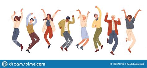 Happy Jumping Office Workers Flat Vector Illustration Cheerful