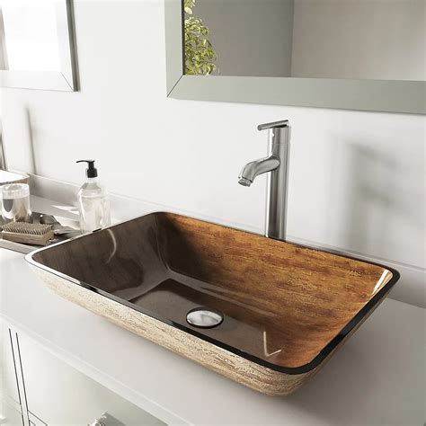 Vigo Glass Rectangular Vessel Bathroom Sink In Wooden Brown With