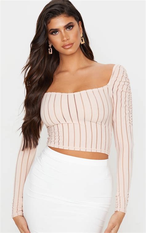 nude sheer rib ruched shoulder crop top prettylittlething ca