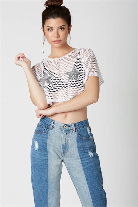 Trendy Oversized Fishnet T Shirt With Contrast Crew Neckline And